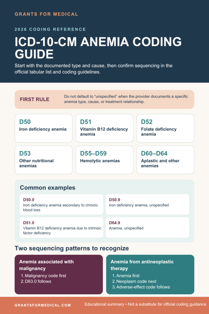 ICD-10-CM anemia categories D50 iron deficiency, D51 vitamin B12 deficiency, D52 folate deficiency, D53 other nutritional, D55 to D59 hemolytic and D60 to D64 aplastic and other anemias, with common example codes and two sequencing patterns