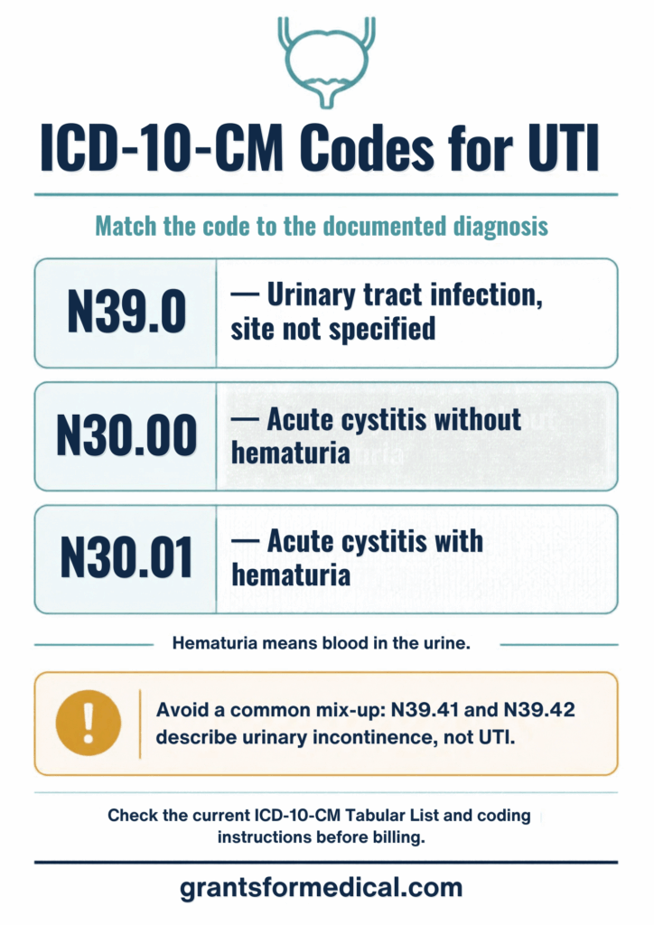 ICD-10-CM codes for urinary tract infection: N39.0 urinary tract infection site not specified, N30.00 acute cystitis without hematuria and N30.01 acute cystitis with hematuria, with a warning that N39.41 and N39.42 describe urinary incontinence rather than infection