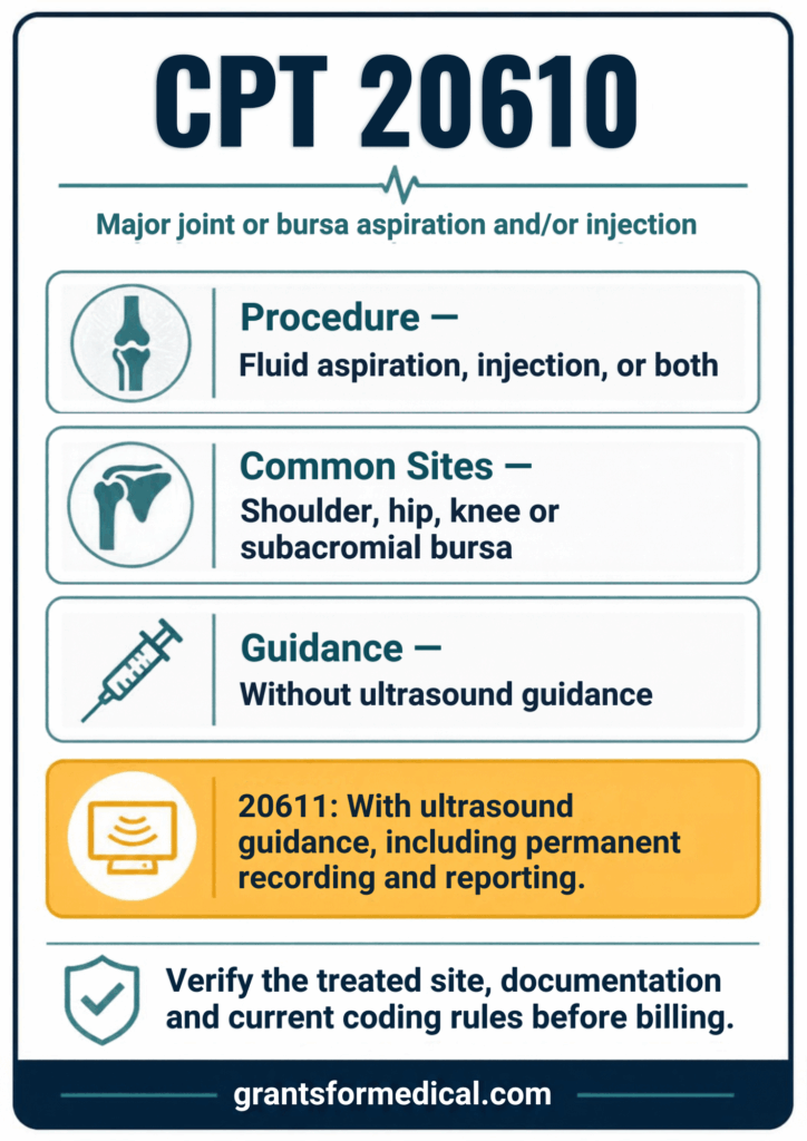 CPT 20610 for major joint or bursa aspiration, injection, or both, at sites including the shoulder, hip, knee and subacromial bursa, performed without ultrasound guidance, with CPT 20611 used instead when ultrasound guidance with permanent recording and reporting is performed