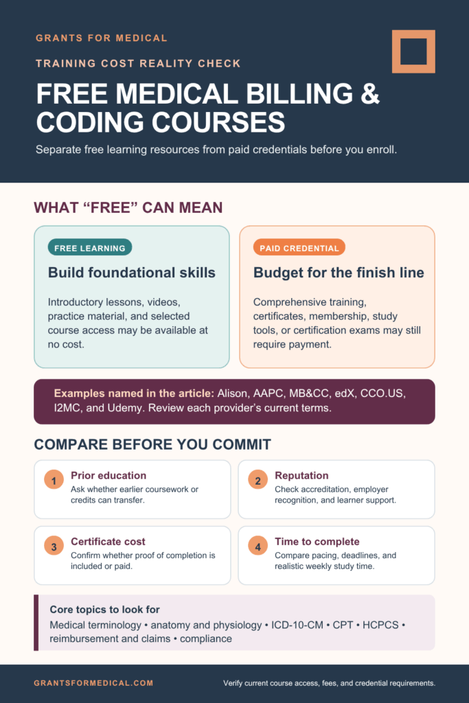 The difference between free learning material and a paid credential in medical billing and coding, four points to compare before enrolling, and the core topics a course should cover