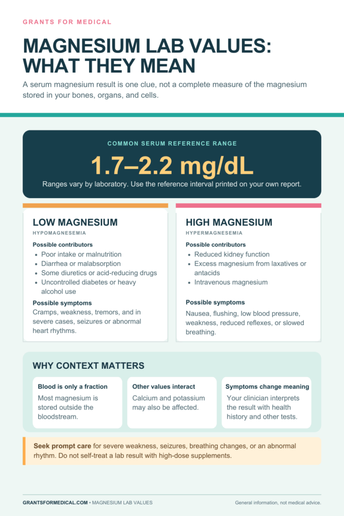 Magnesium lab values: a common serum reference range of 1.7 to 2.2 mg/dL, with contributors and symptoms of low magnesium (hypomagnesemia) and high magnesium (hypermagnesemia), and why a serum result is only part of the picture