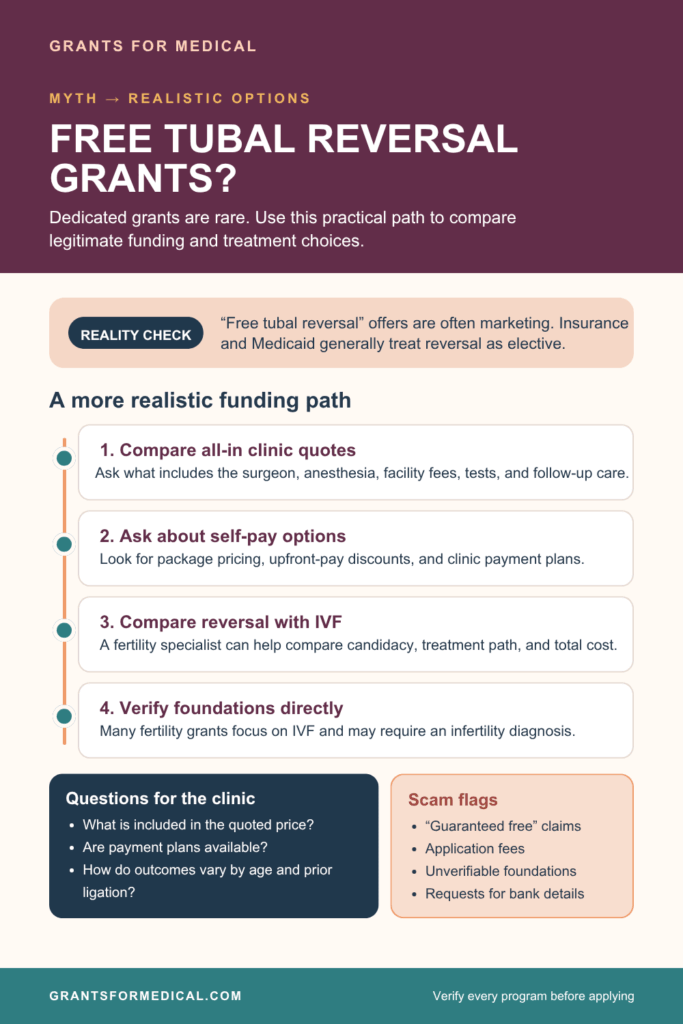 Reality check that free tubal reversal offers are often marketing, a four step funding path from comparing all-in clinic quotes to verifying foundations, questions to ask a clinic, and scam warning flags