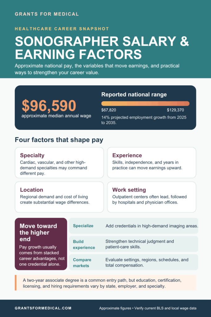Sonographer pay snapshot: approximate median annual wage of $96,590 with a reported national range from $67,820 to $129,370 and 14 percent projected employment growth from 2025 to 2035, plus the four factors that shape pay: specialty, experience, location and work setting