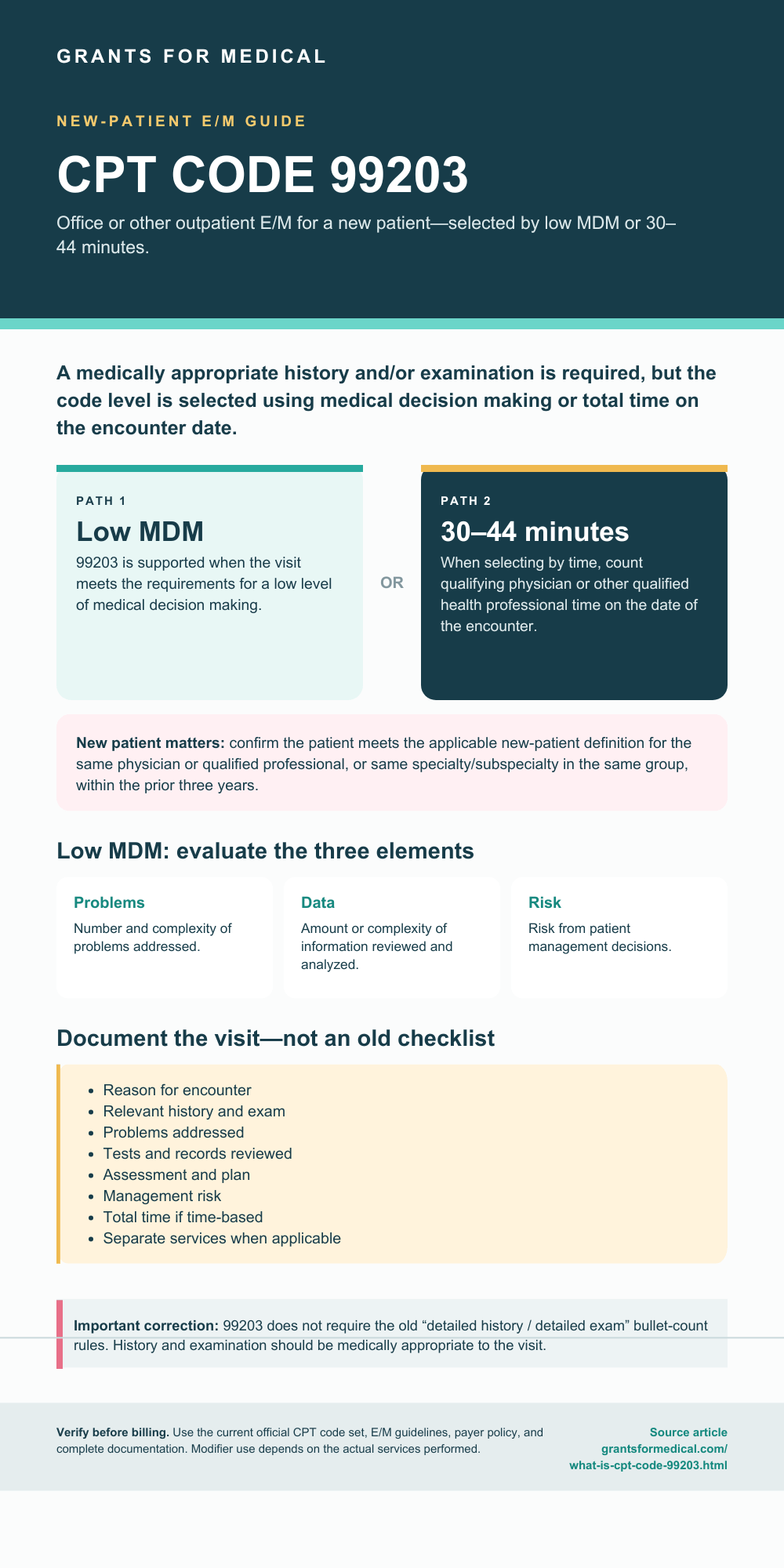 CPT code 99203 — coding guide infographic