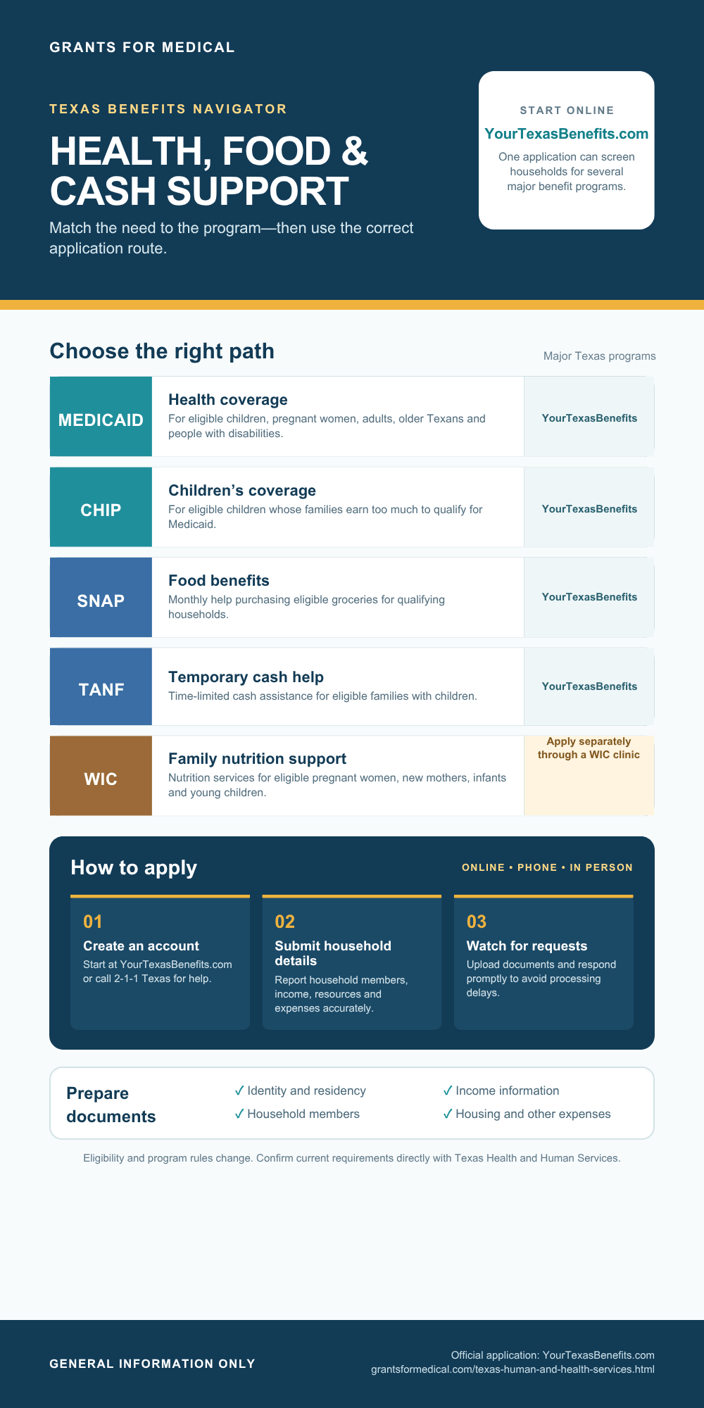 Texas Health and Human Services benefits — programs and how to apply infographic